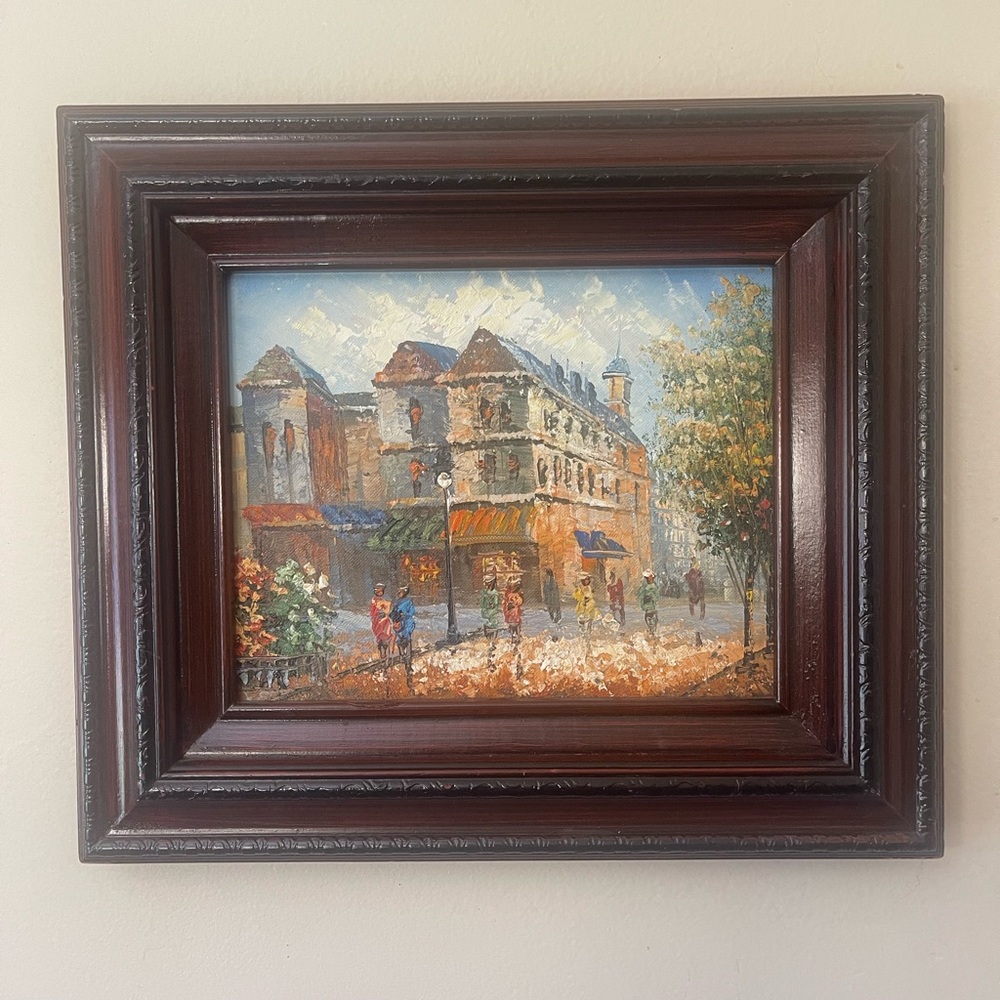 Vintage painting Elegant Framed Street Scene Art in Brown and Blue